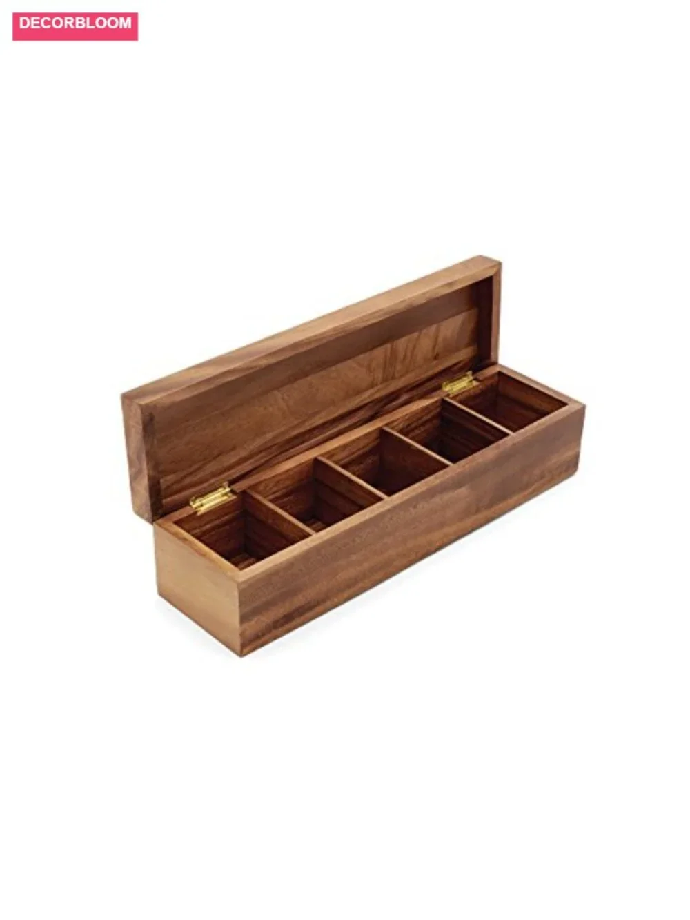 Acacia Wood 5 Compartment Tea Box Organizer with Lid